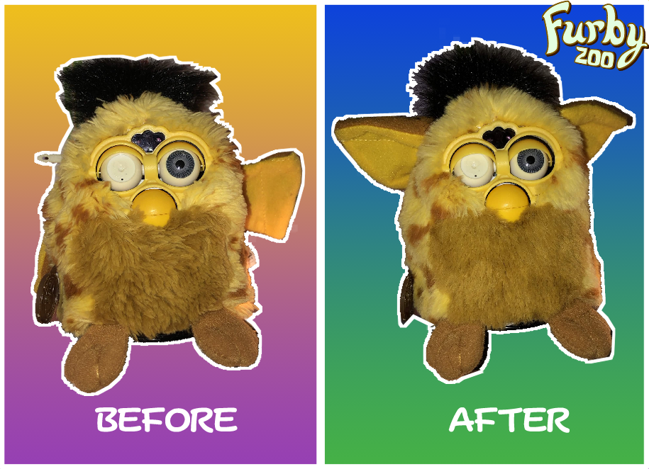 an image of the same furby prior to and after being brushed, showcasing the difference.