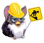 a furby with a hardhat and construction sign