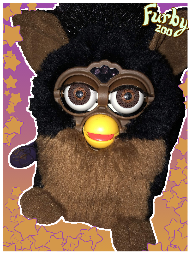 a freshly cleaned gorilla furby on a colorful backdrop